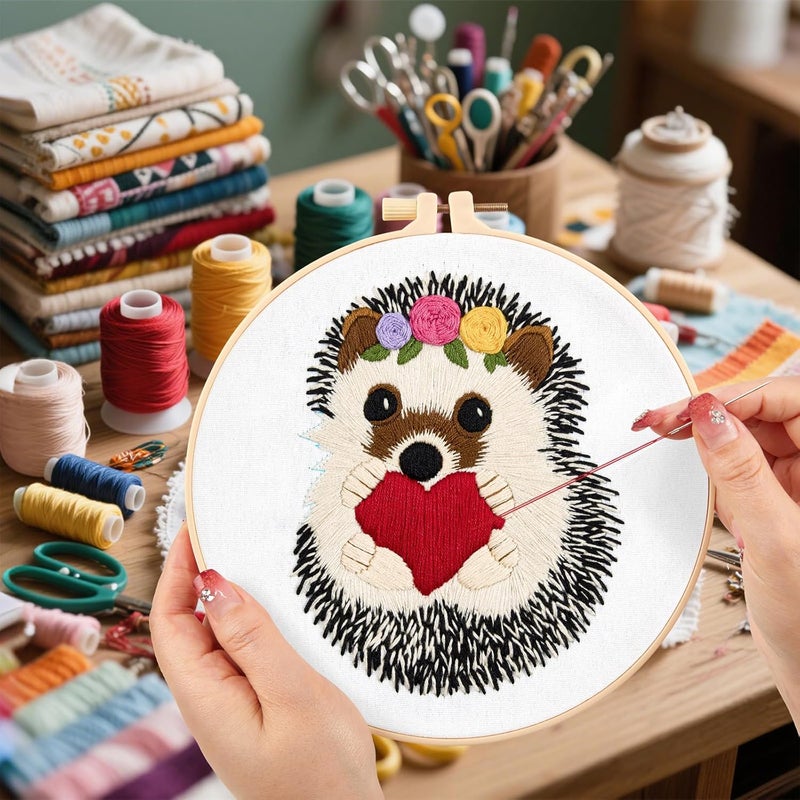Crafmanoe Cute Hedgehog Embroidery Kits for Beginners Adults, Animals Embroidery Starter Kits, Counted Cross Stitch Kits for Beginners DIY Craft Kits for Adults Women, Embroidery Hoops, Thread & Video Tutorial - Image 4